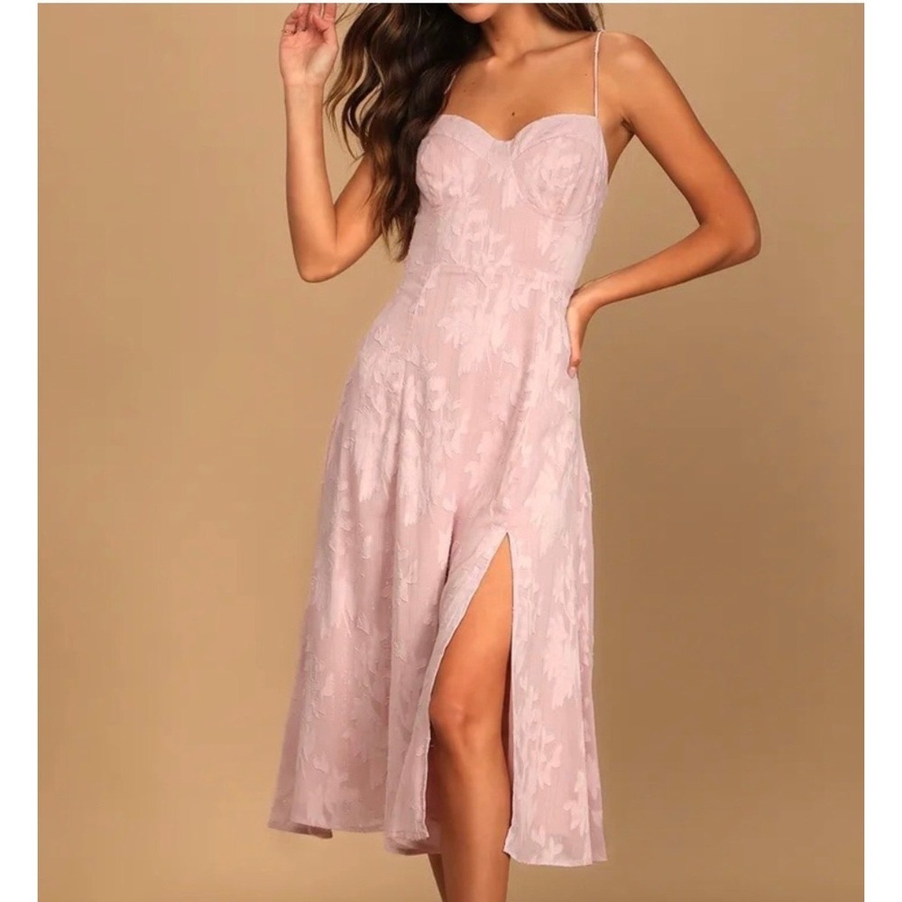 Lulus Lavender Pink Floral Burnout Jacquard Midi Dress Tie Strap Smocked Small - Picture 1 of 7